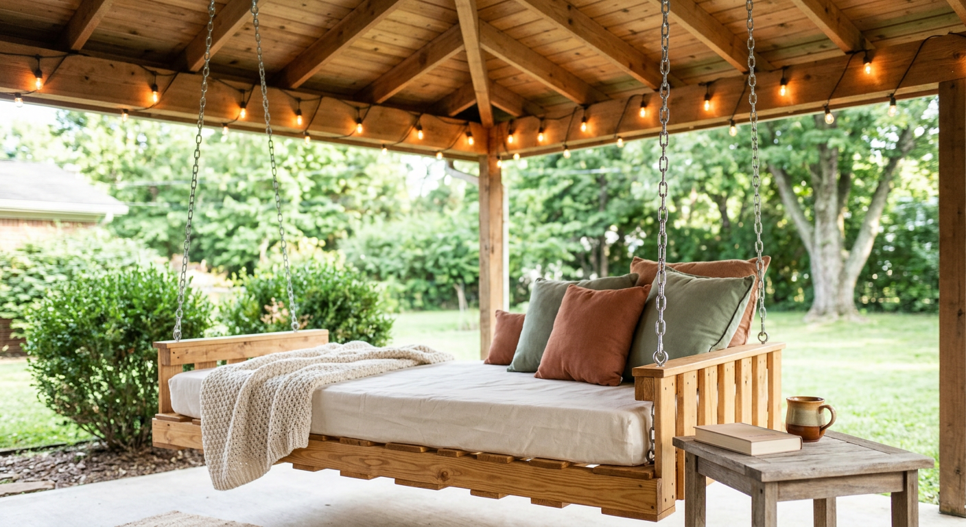Styled pallet swing bed with pillows, throw, and side table